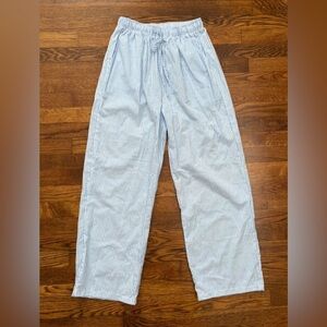 Blue and white seersucker striped pants with pockets